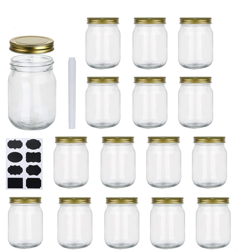 Encheng 16 oz Glass Jars With Lids,Regular Mouth Mason Jars 16 oz with Lids For Storage,Clear Pint Canning Jars For Pickles,Herb,Jelly,Jams,Honey,Dishware Safe,Set Of 15 - Image 1